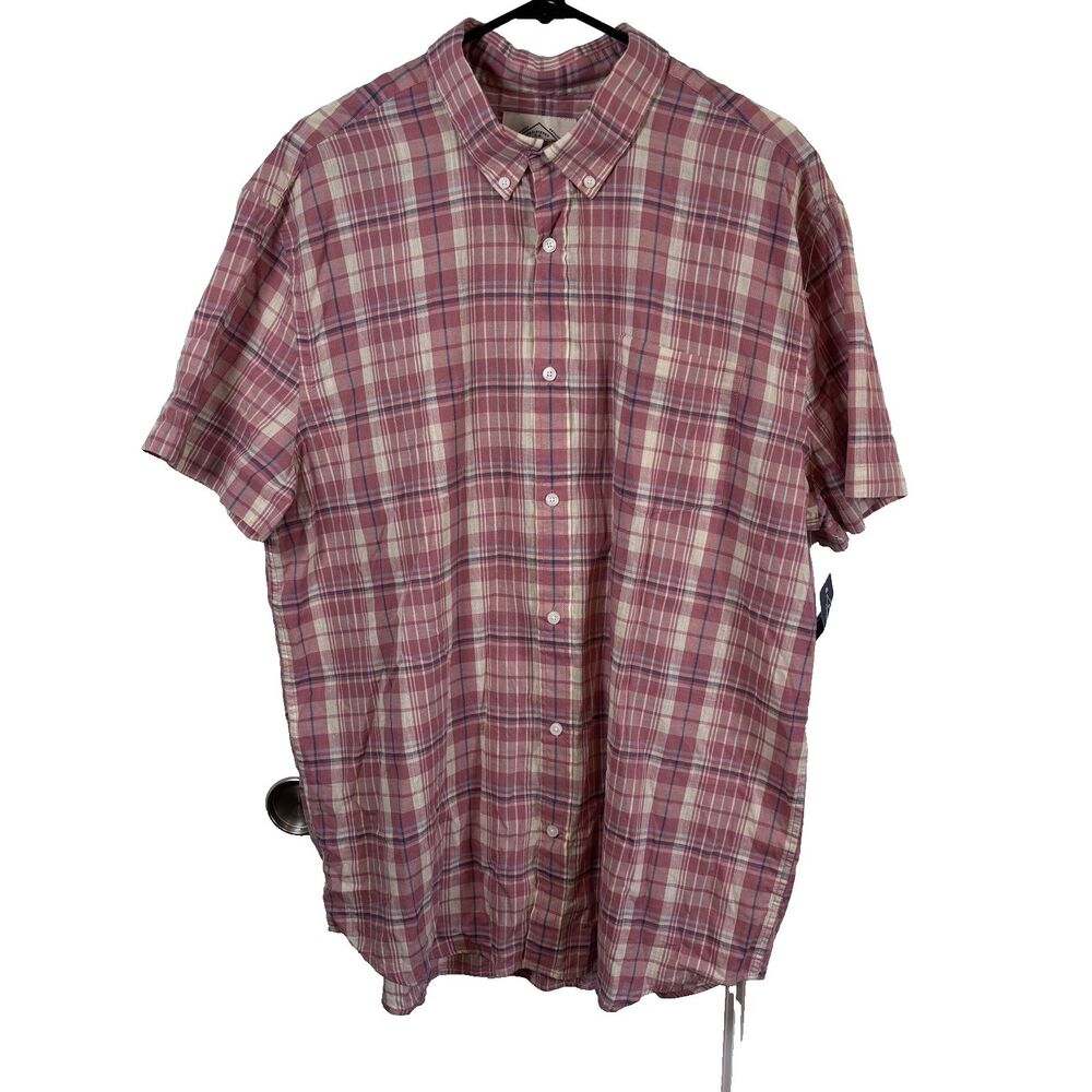 St John's Bay Men's Pink Plaid Button Up Short Sleeve Shirt Size XL Cotton NWT